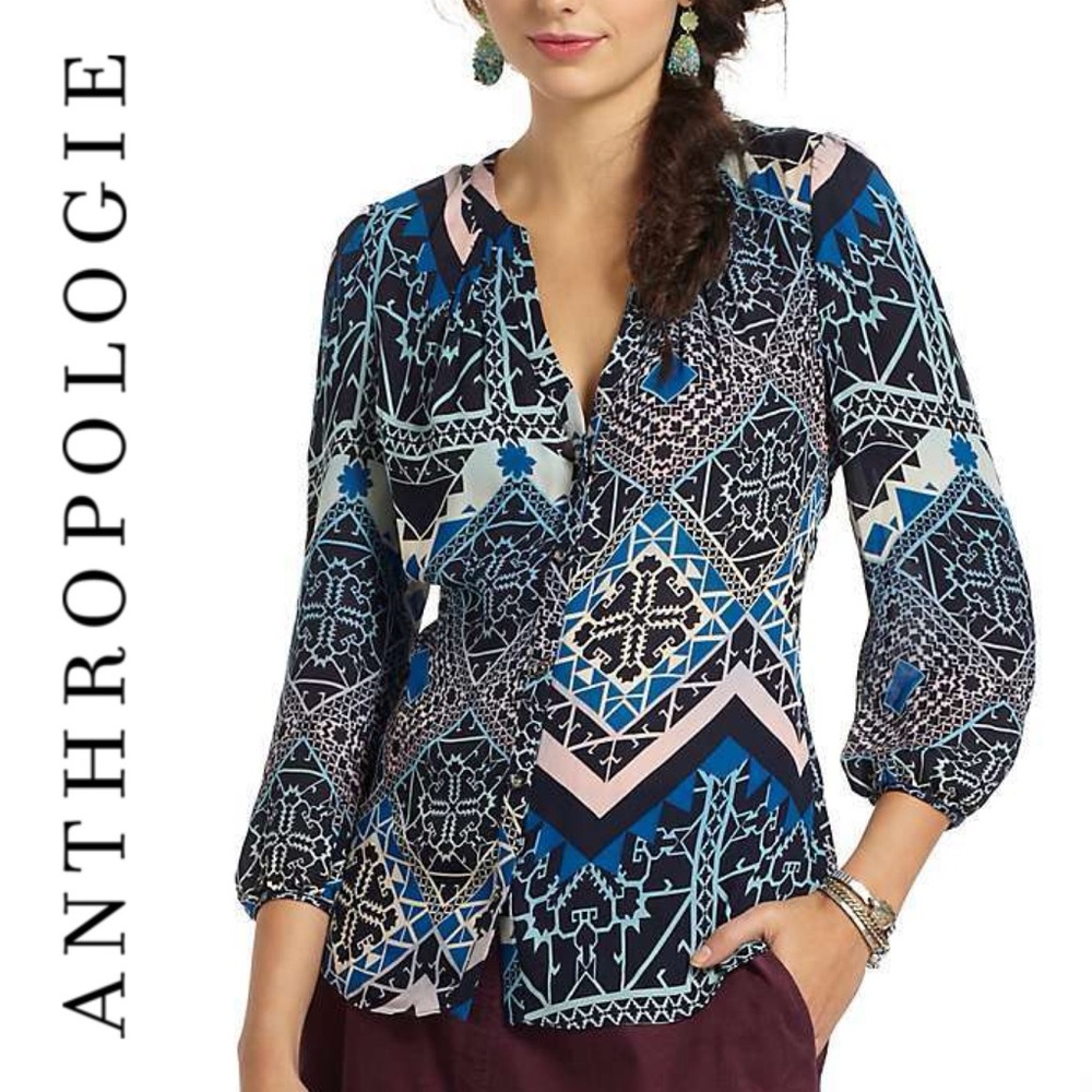 LEIFSDOTTIR Anthropologie Tribal Geometric Print Silk Top Boho Cottage Size 6